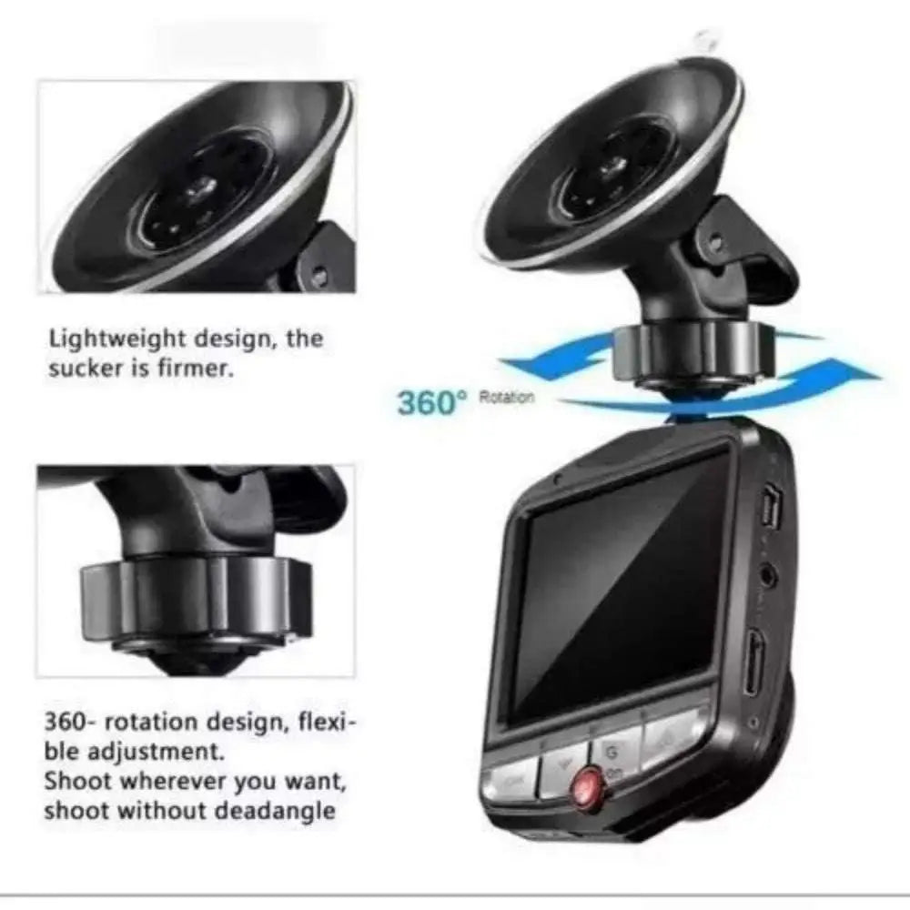 Black 1080p full hd dash cam with night vision car dvr featuring 360-degree rotating suction cup mount and small screen