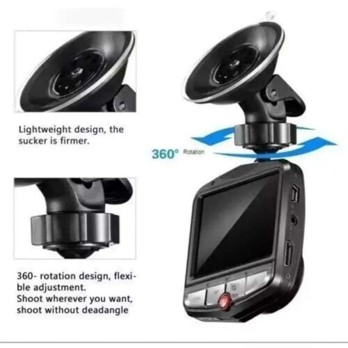 Black 1080p full hd dash cam with night vision car dvr featuring 360-degree rotating suction cup mount and small screen