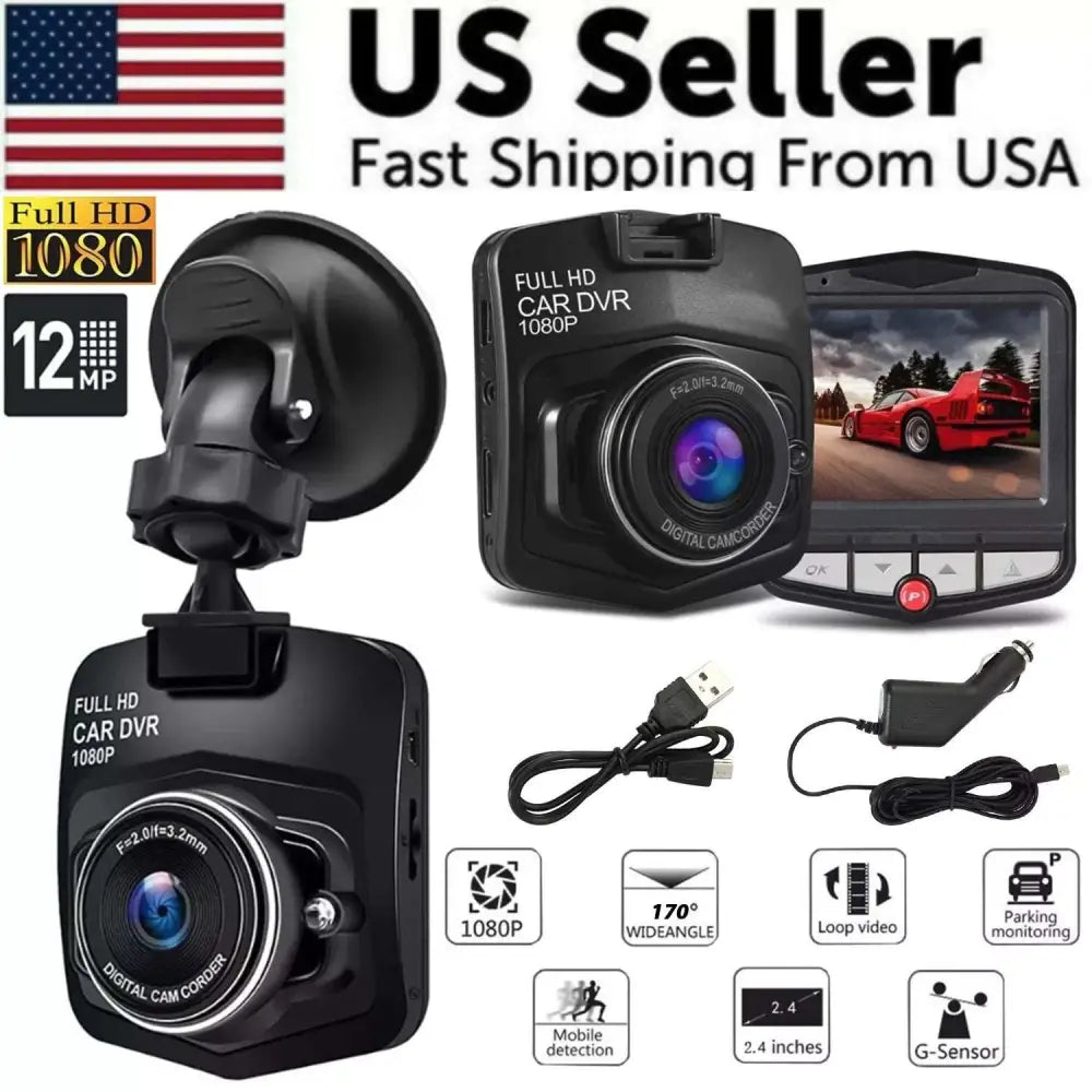Black 1080p full hd dash cam car dvr with night vision featuring circular lens usb cable and power adapter
