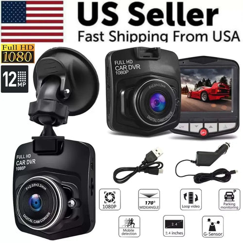 Black 1080p full hd dash cam car dvr with night vision featuring circular lens usb cable and power adapter