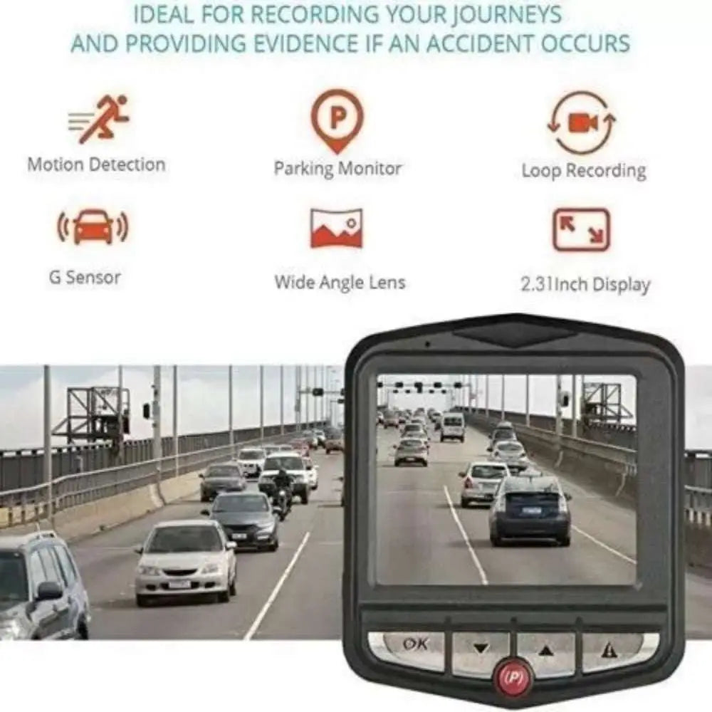Black 1080p full hd dash cam with 2.31-inch display featuring multiple function icons for night vision car dvr use
