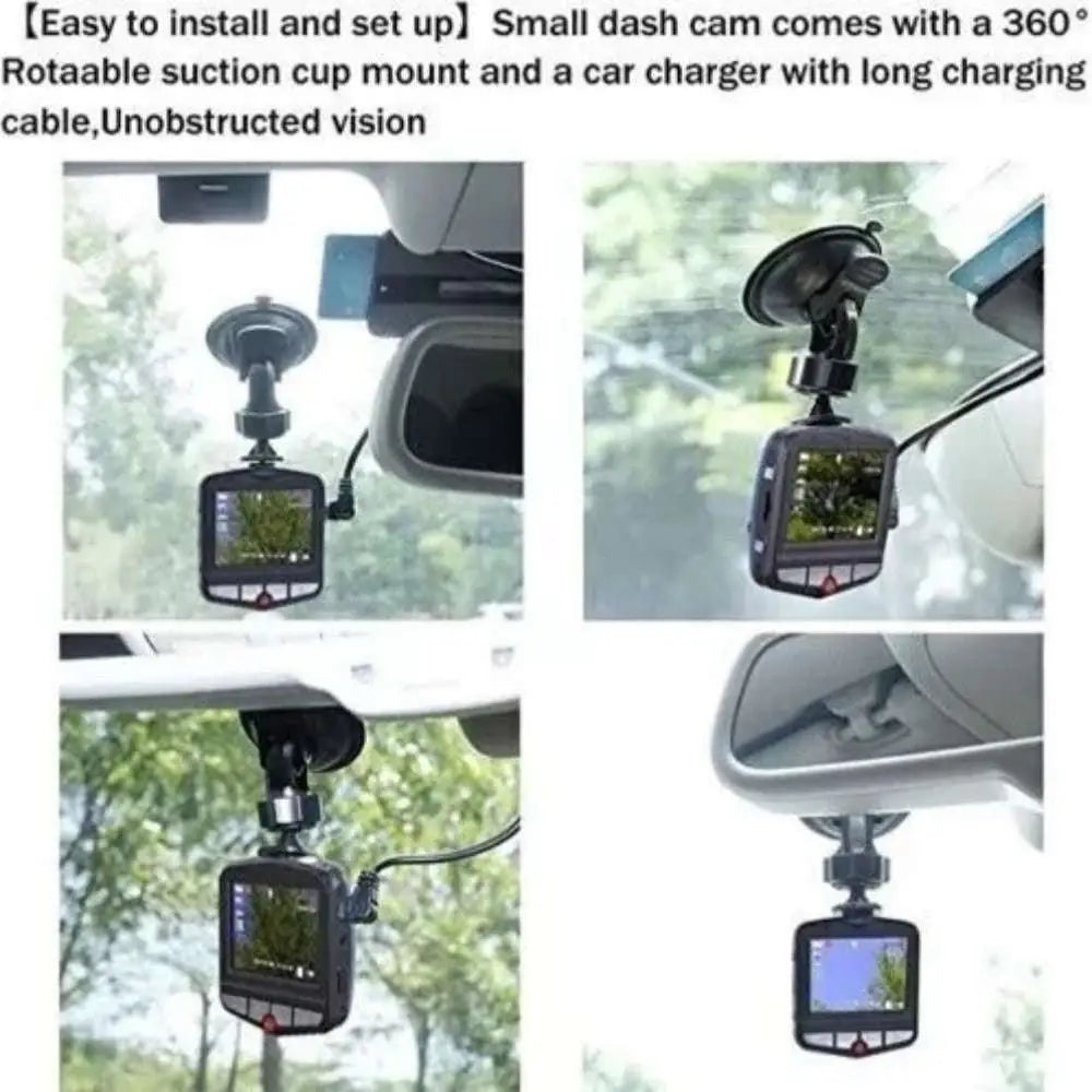 Black compact 1080p full hd car dvr with night vision and 360-degree suction cup mount featuring car charger