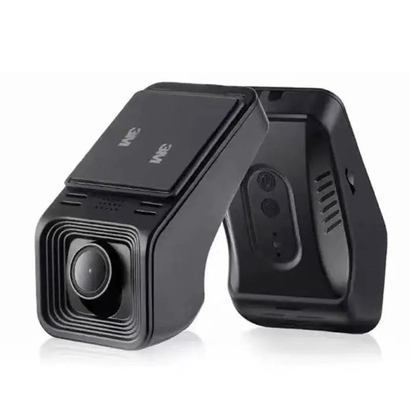 Black plastic 1080p hd night vision driving recorder with square lens and two buttons on the back for parking surveillance