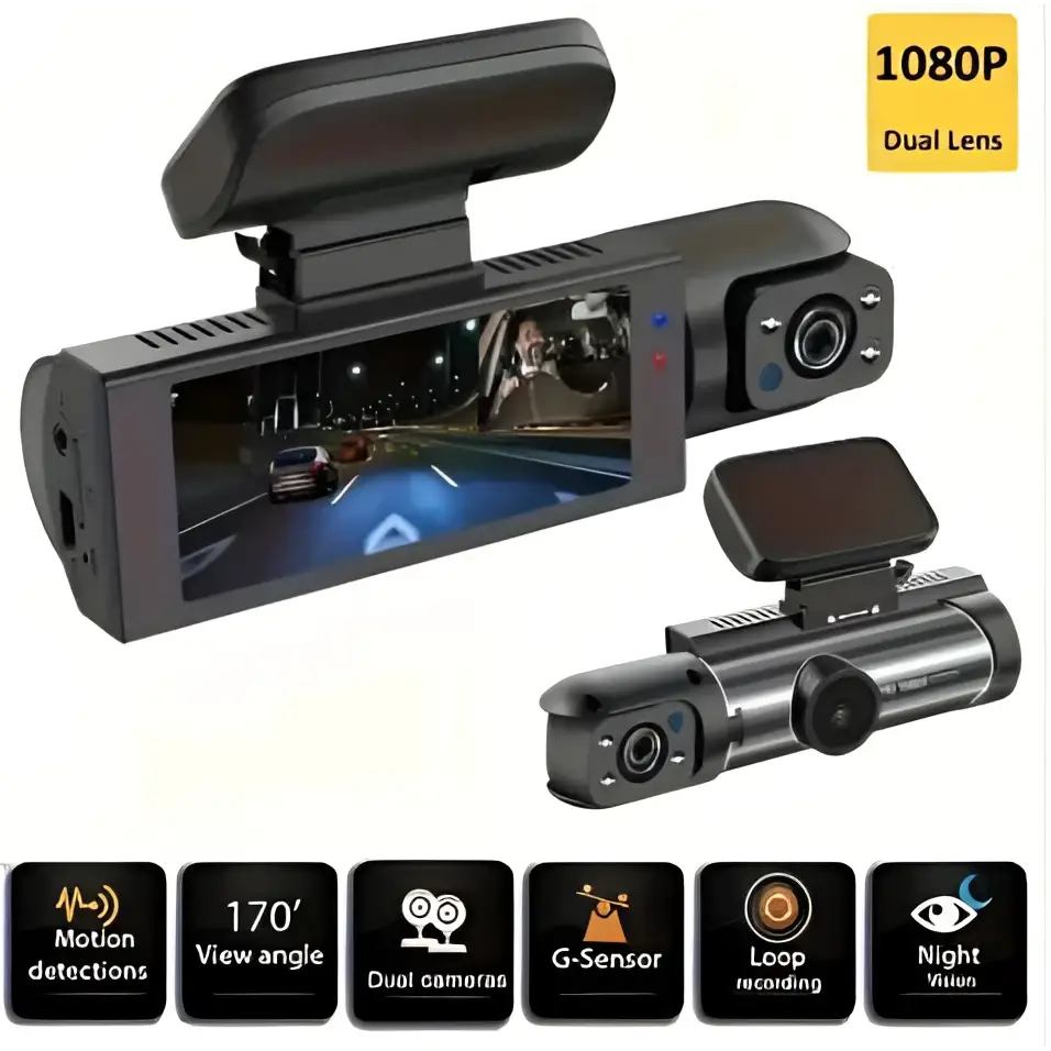 Black dual lens car dash cam with 1080p night vision and built-in screen showing nighttime road footage