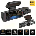 Black 1080p night vision dual lens car dash cam with built-in screen showing nighttime road footage