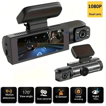 Black 1080p night vision dual lens car dash cam with built-in screen showing nighttime road footage