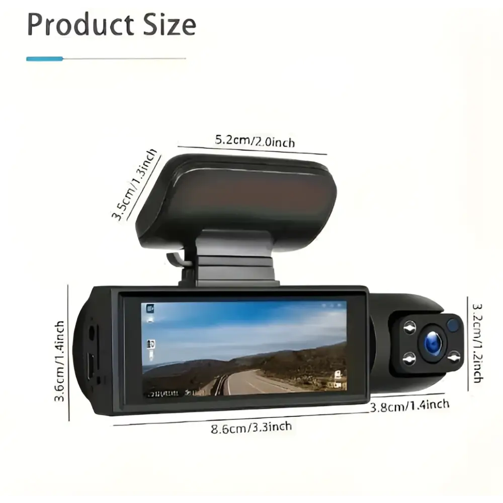 Black dual lens car dash cam with 1080p night vision and built-in screen showing nighttime road footage