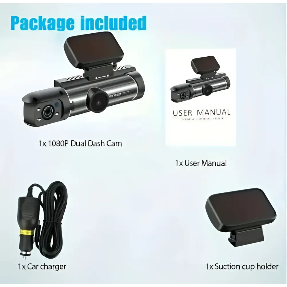 Black and silver 1080p night vision dual lens car dash cam with sleek cylindrical body and flip-up display