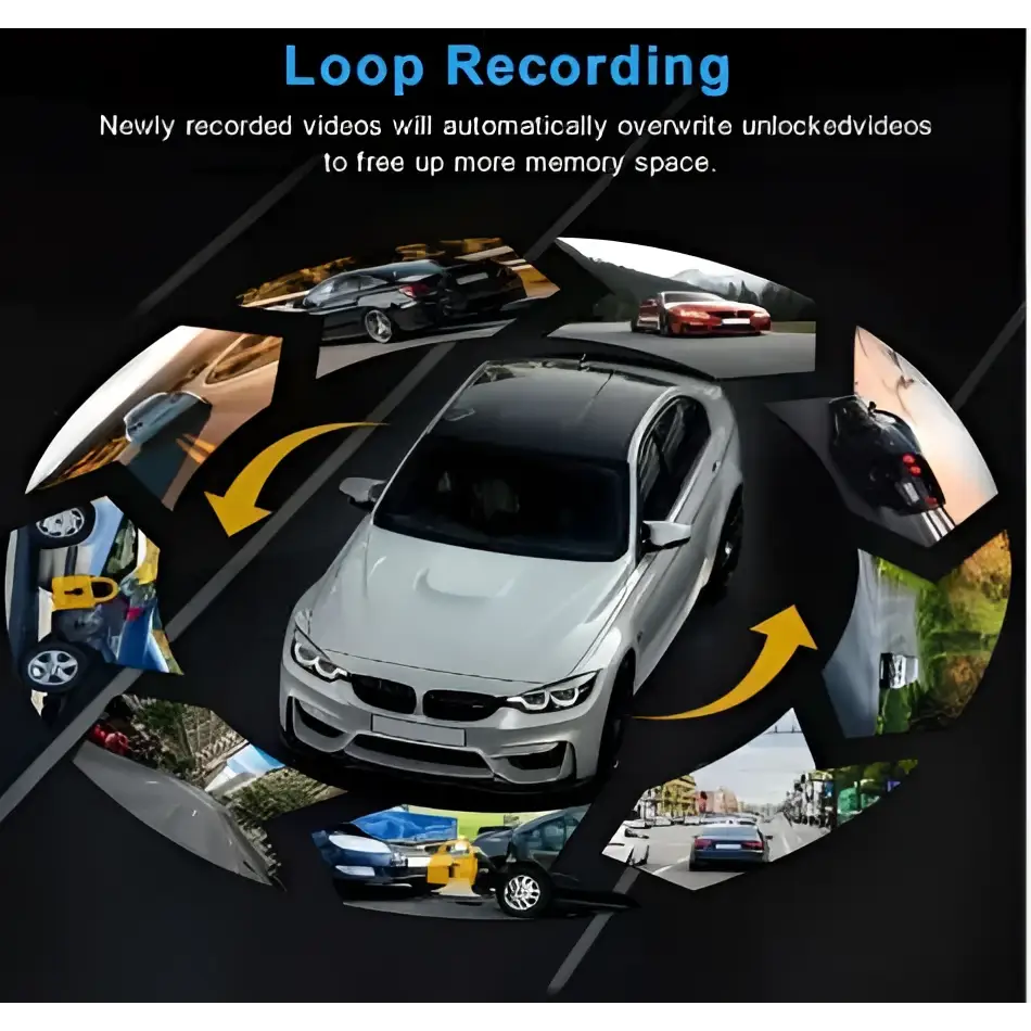Silver bmw m3 sedan with black roof shown alongside 1080p night vision dual lens car dash cam product