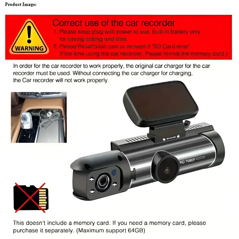 Black and silver 1080p night vision dual lens car dash cam with a flip-up screen for enhanced recording clarity