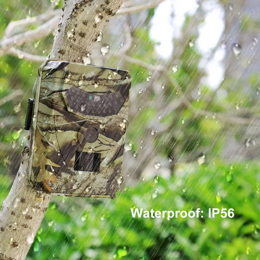 Camouflage-patterned waterproof 1080p trail camera with night vision featuring a rugged rectangular body for wildlife monitoring