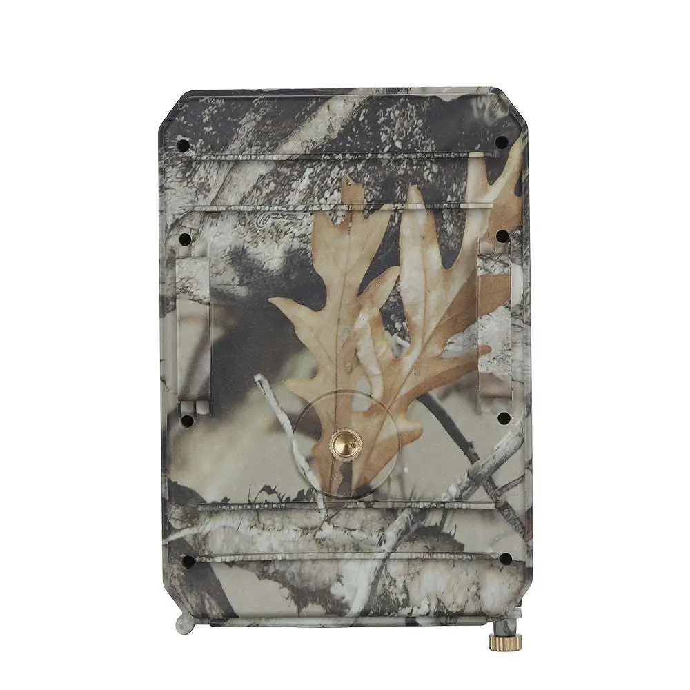A camouflage-patterned waterproof 1080p trail camera with night vision featuring brown gray and white leafy designs for wildlife monitoring