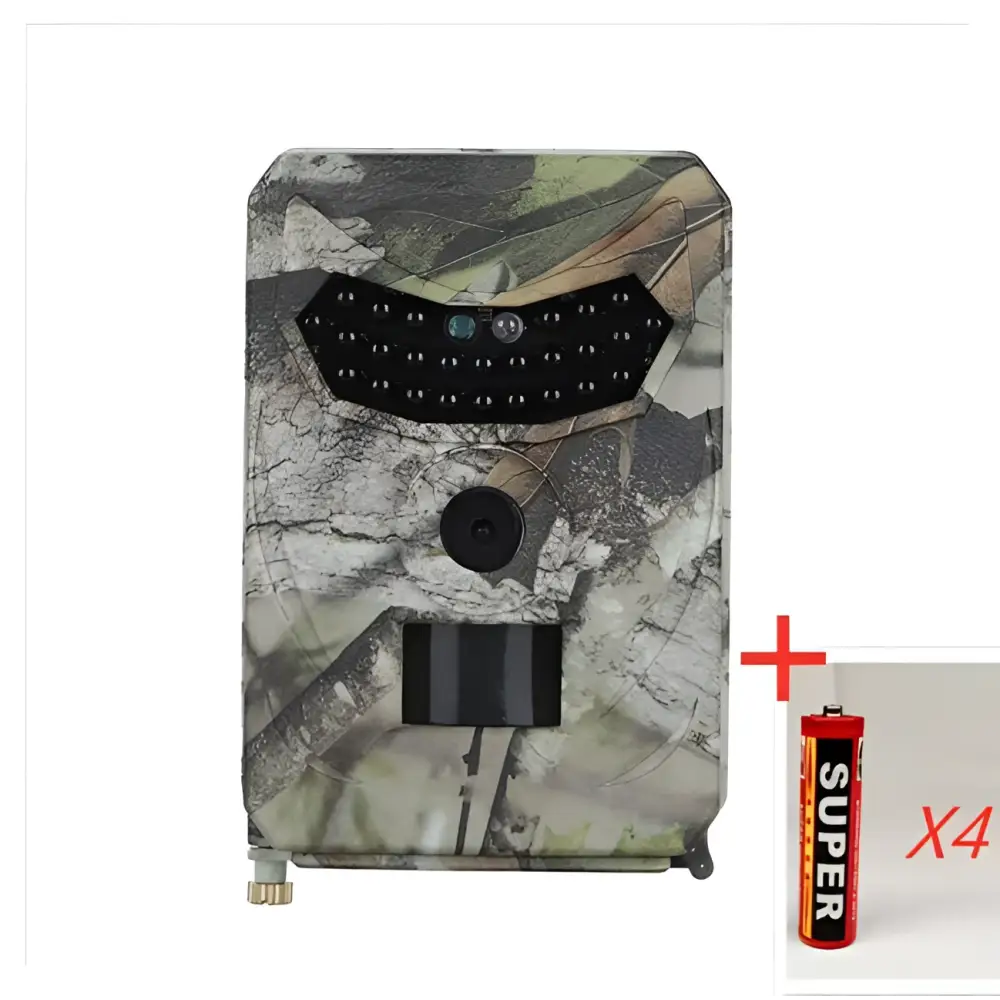 Camouflage-patterned waterproof 1080p trail camera with black lens and night vision featuring wildlife monitoring capabilities