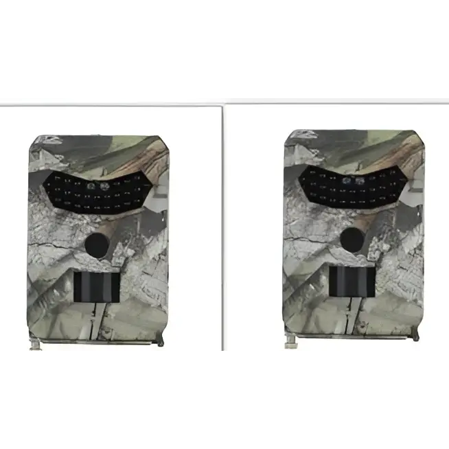 Camouflage-patterned waterproof 1080p trail camera with black lens cover featuring night vision for wildlife monitoring