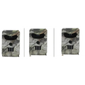 Three identical camouflage-patterned waterproof 1080p trail cameras with night vision featuring black sensor panels for wildlife monitoring