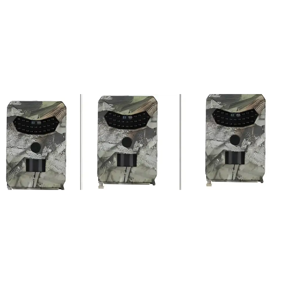 Three identical camouflage-patterned waterproof 1080p trail cameras with night vision featuring black sensor panels for wildlife monitoring