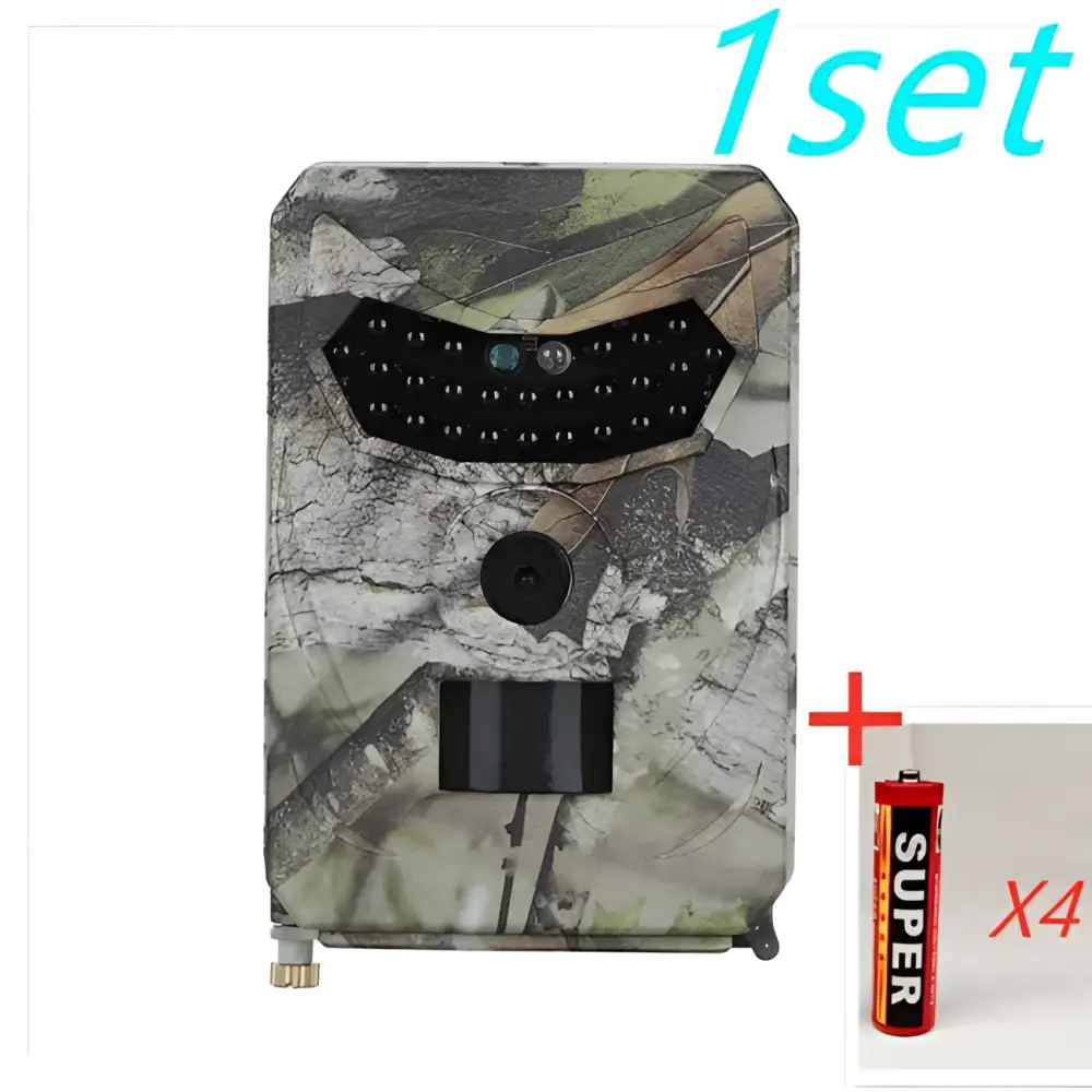 Camouflage-patterned waterproof 1080p trail camera with black sensor array and night vision featuring wildlife monitoring