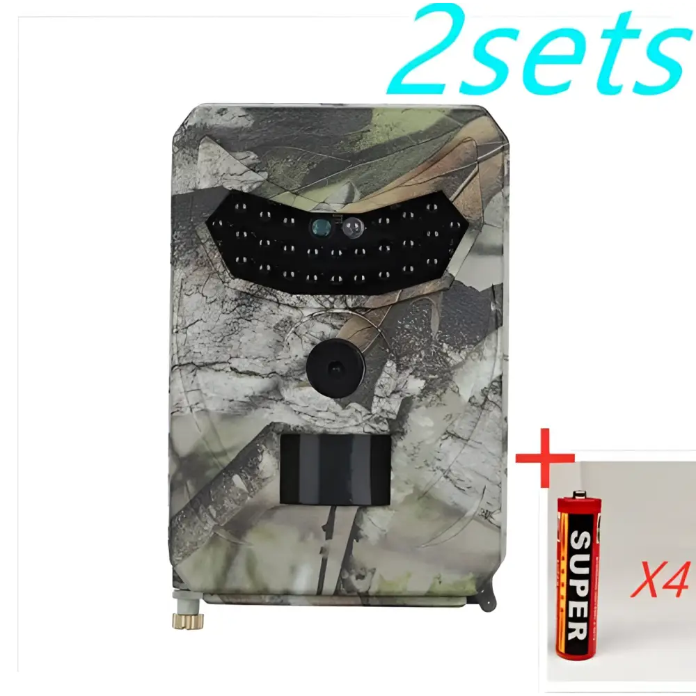 Camouflage-patterned waterproof 1080p trail camera with night vision featuring black sensor array for wildlife monitoring