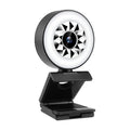 Black 1080p web camera with circular ring light featuring a geometric starburst pattern around the lens