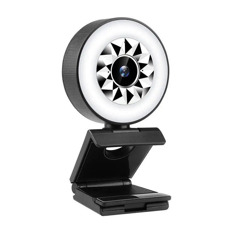Black 1080p web camera with circular ring light featuring a geometric starburst pattern around the lens