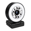 Black 1080p web camera with circular ring light and geometric starburst pattern around the lens for clear video