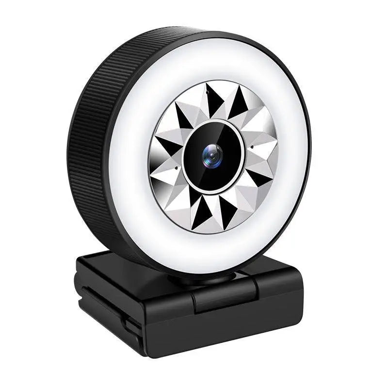 Black 1080p web camera with circular ring light and geometric starburst pattern around the lens for clear video
