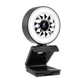 Black 1080p web camera with circular ring light featuring a geometric starburst pattern around the lens