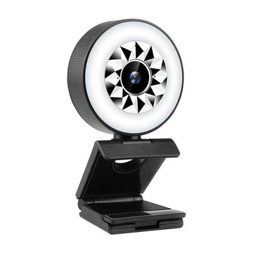 Black 1080p web camera with circular ring light featuring a geometric starburst pattern around the lens