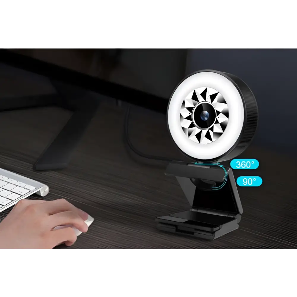 1080p web camera featuring a black body with a circular ring light and a starburst pattern around the lens