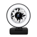 Black 1080p web camera with circular ring light and geometric starburst pattern around the lens for clear video