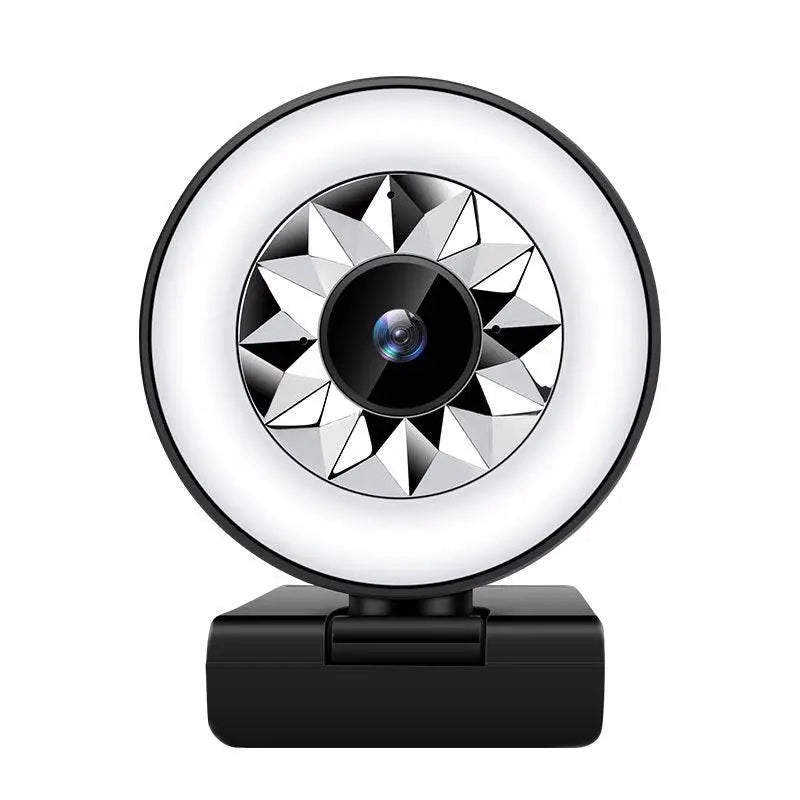 Black 1080p web camera with circular ring light and geometric starburst pattern around the lens for clear video