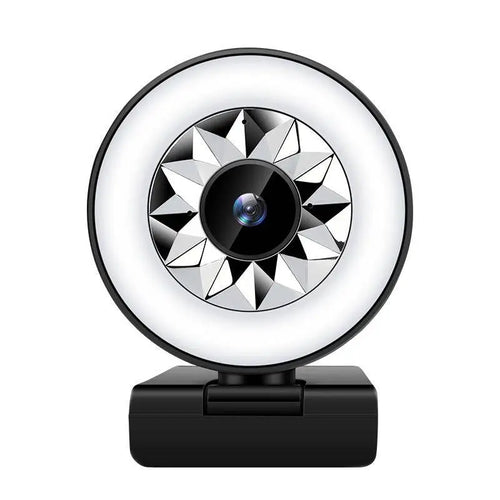 Black 1080p web camera with circular ring light and geometric starburst pattern around the lens for clear video