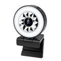Black 1080p web camera with circular ring light featuring a geometric starburst pattern around the lens