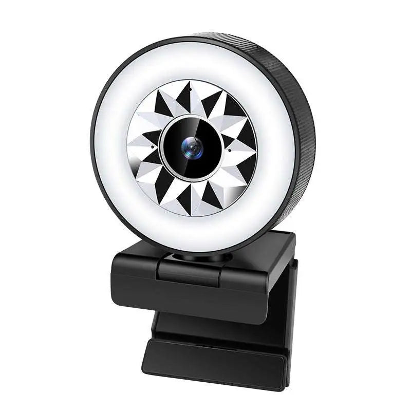 Black 1080p web camera with circular ring light featuring a geometric starburst pattern around the lens