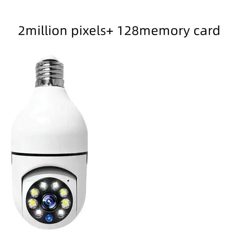 White bulb camera with silver screw base and led lights featuring 1080p wifi camera and full color night vision