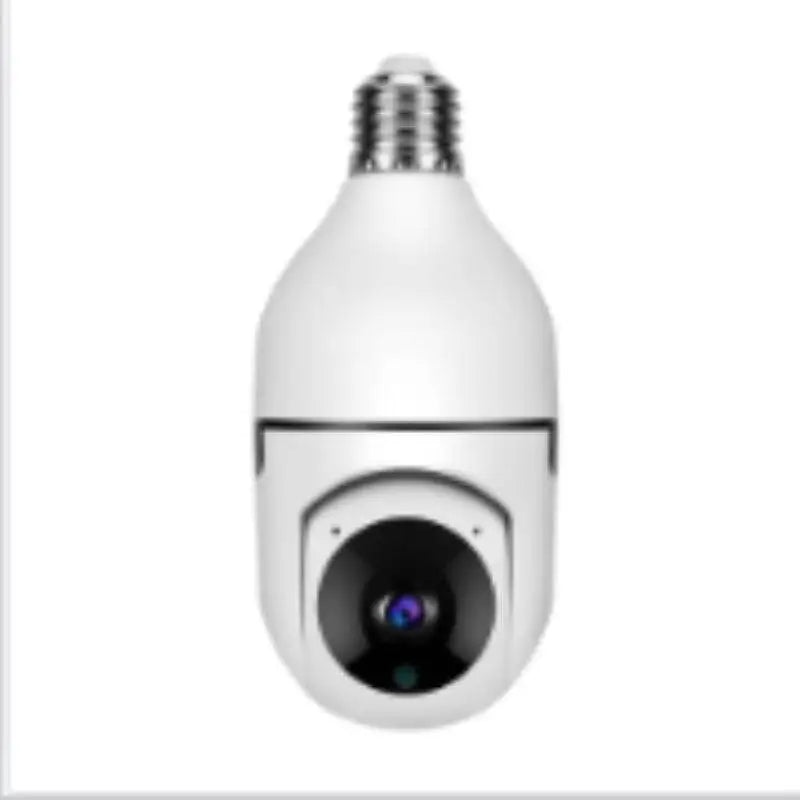 White bulb camera with black lens housing and screw base featuring wifi camera 1080p and full color night vision