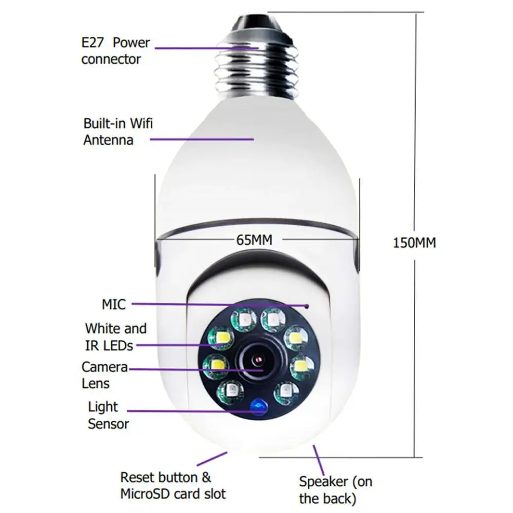 White bulb camera with e27 power connector and built-in wifi antenna featuring 1080p wifi camera and color night vision