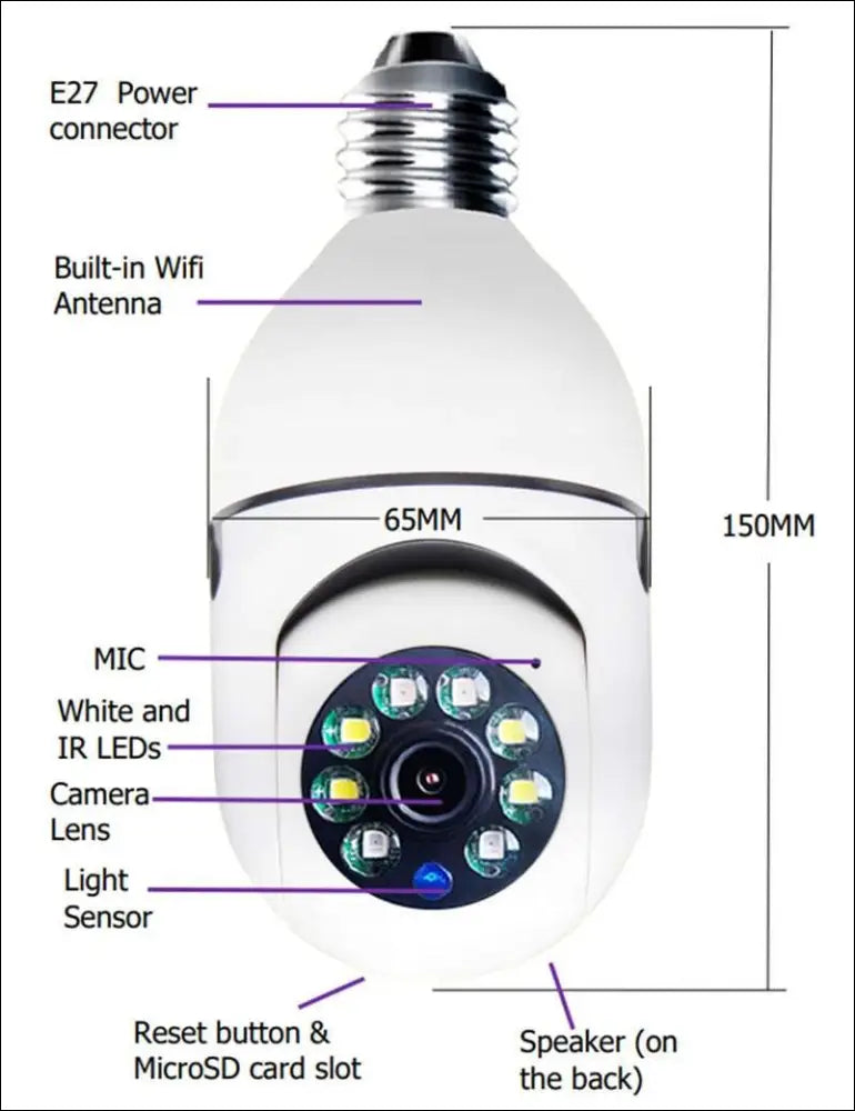 White bulb camera with e27 power connector and built-in wifi antenna featuring 1080p wifi camera and color night vision
