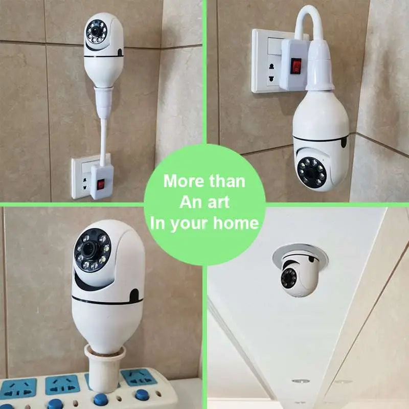 White sleek dome-shaped wifi camera 1080p bulb camera with black lens and full color night vision leds