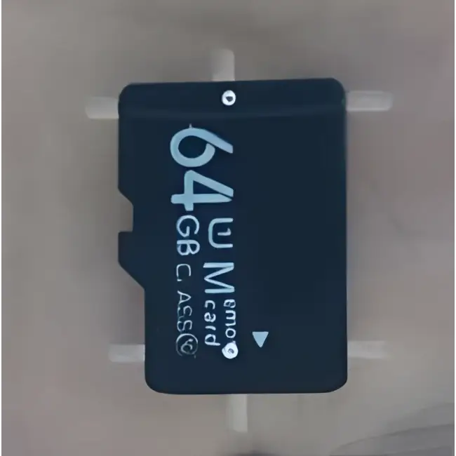 A black 64gb microsd card for storage in a wifi camera 1080p bulb camera with full color night vision