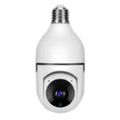 White bulb camera with screw base and black lens housing featuring wifi camera 1080p and color night vision