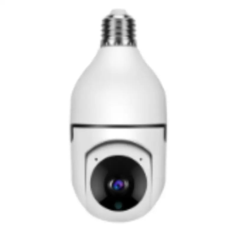 White bulb camera with screw base and black lens housing featuring wifi camera 1080p and color night vision