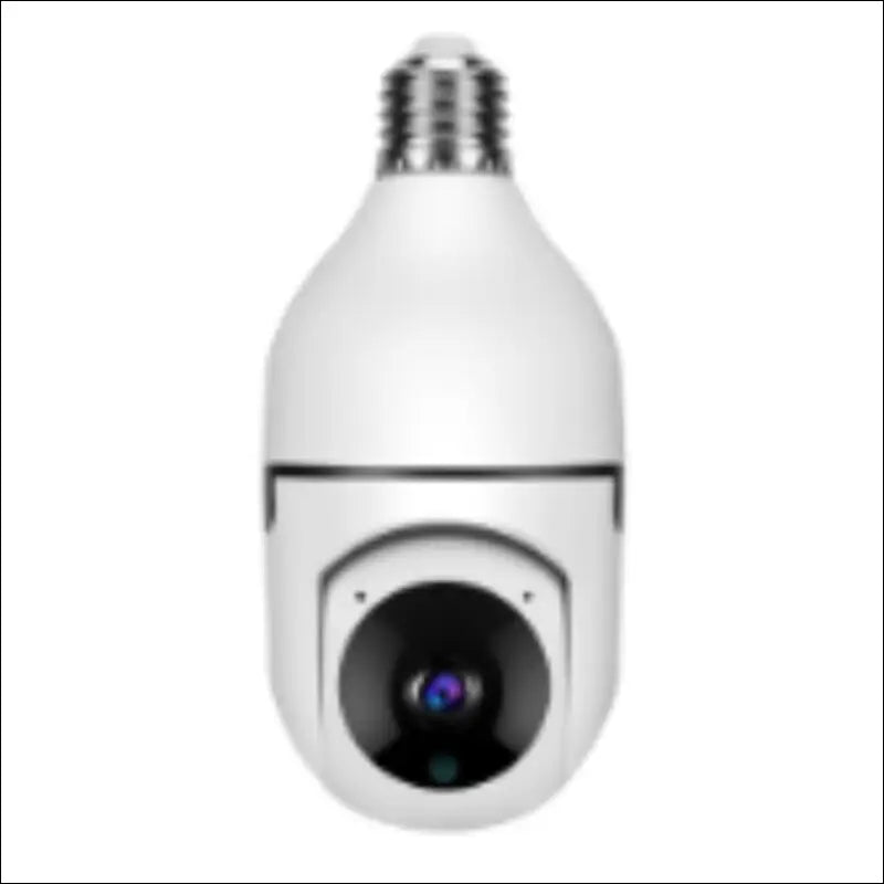 White bulb camera with screw base and black lens housing featuring wifi camera 1080p and color night vision