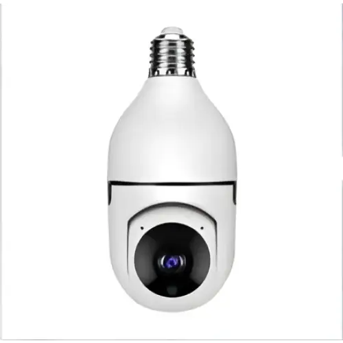 White bulb camera with screw-threaded base and black lens featuring wifi camera 1080p and color night vision