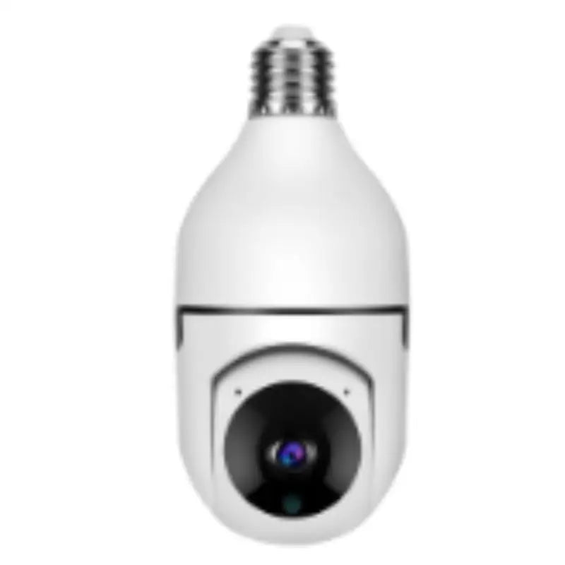 White bulb camera with silver screw base and black lens housing featuring wifi camera 1080p and color night vision