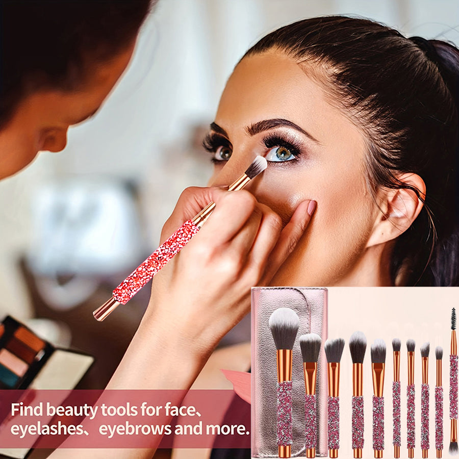 10-Piece Luxury Crystal Handle Makeup Brush Set with Pouch