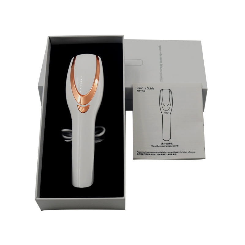 white and rose gold iridescent hair care phototherapy LED massage comb with sleek ergonomic design for care head treatment