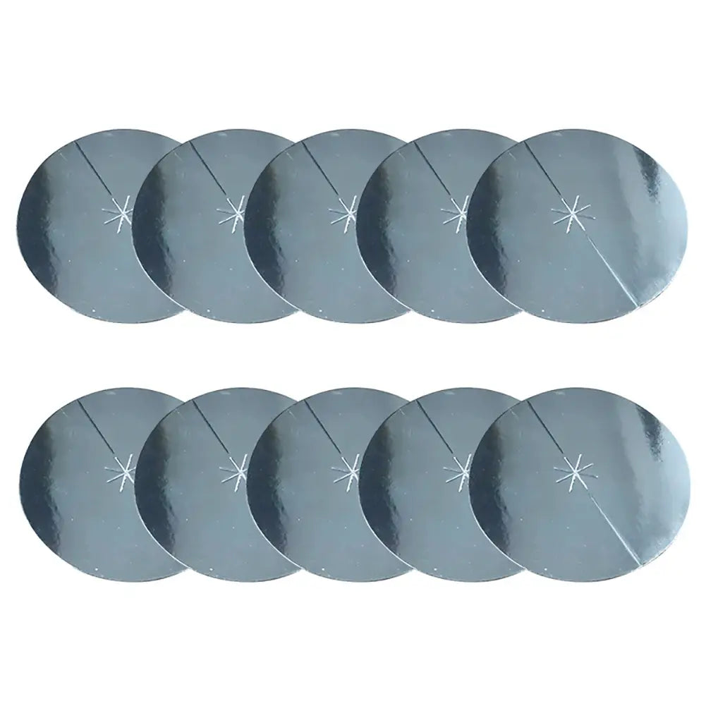 ten shiny silver circular discs with a white starburst design at the center for coning beewax natural ear candle ear healthy care and wax removal use