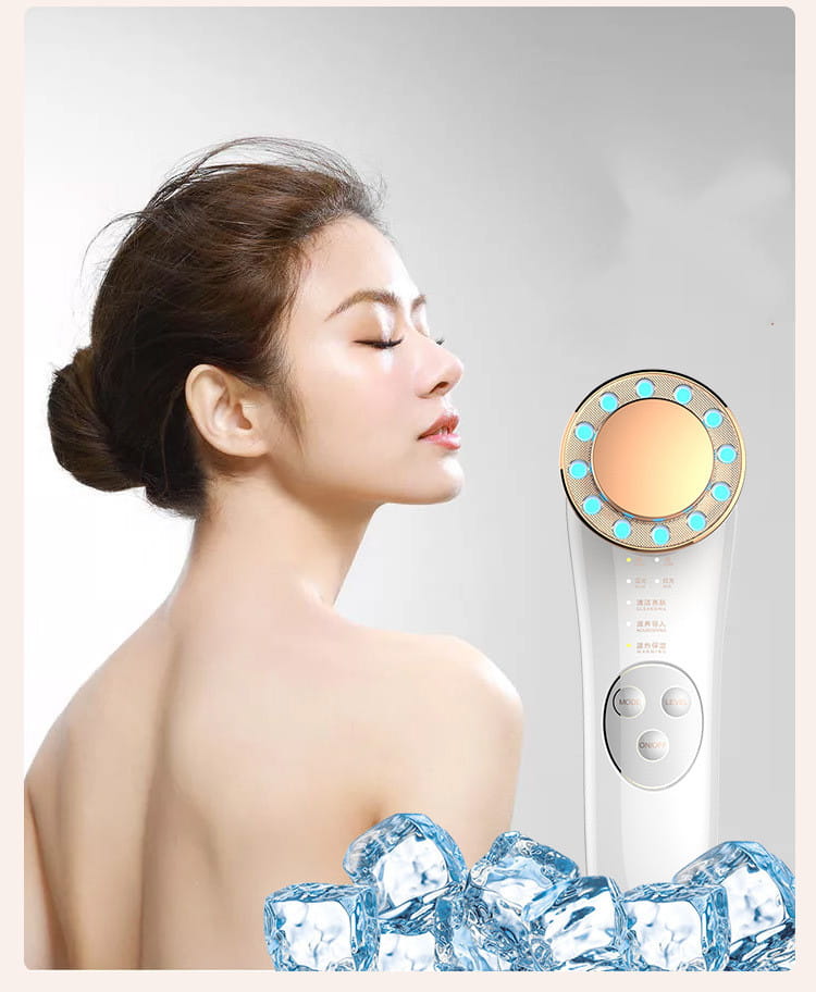 A sleek white and gold 7 in 1 led facial machine and skin care facial massager with a circular head featuring turquoise lights around its perimeter.