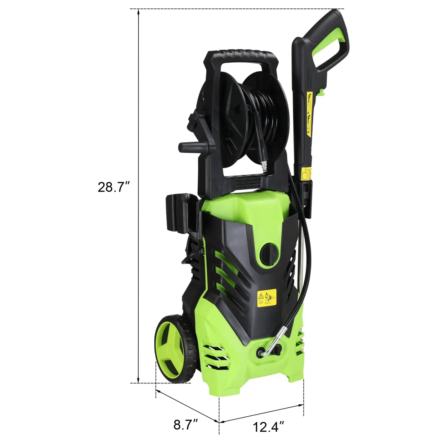 Green and black high pressure cleaner with coiled hose, handle, and wheels for portable use.